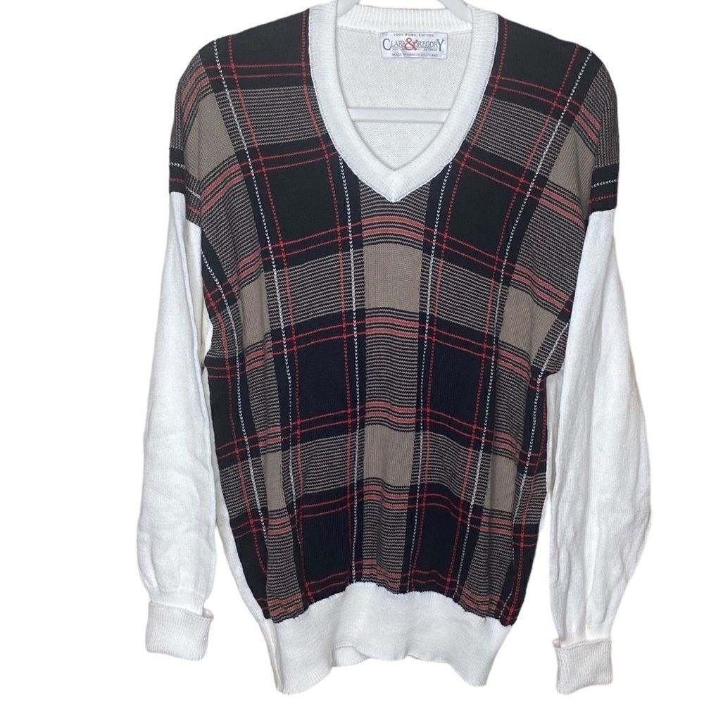 Clark & Gregory Men's Sz Lrg White Black Red Plaid Cotton Scotland Knit Sweater